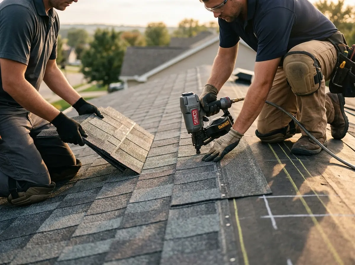 Professional roofer working on a residential roof in Alpine